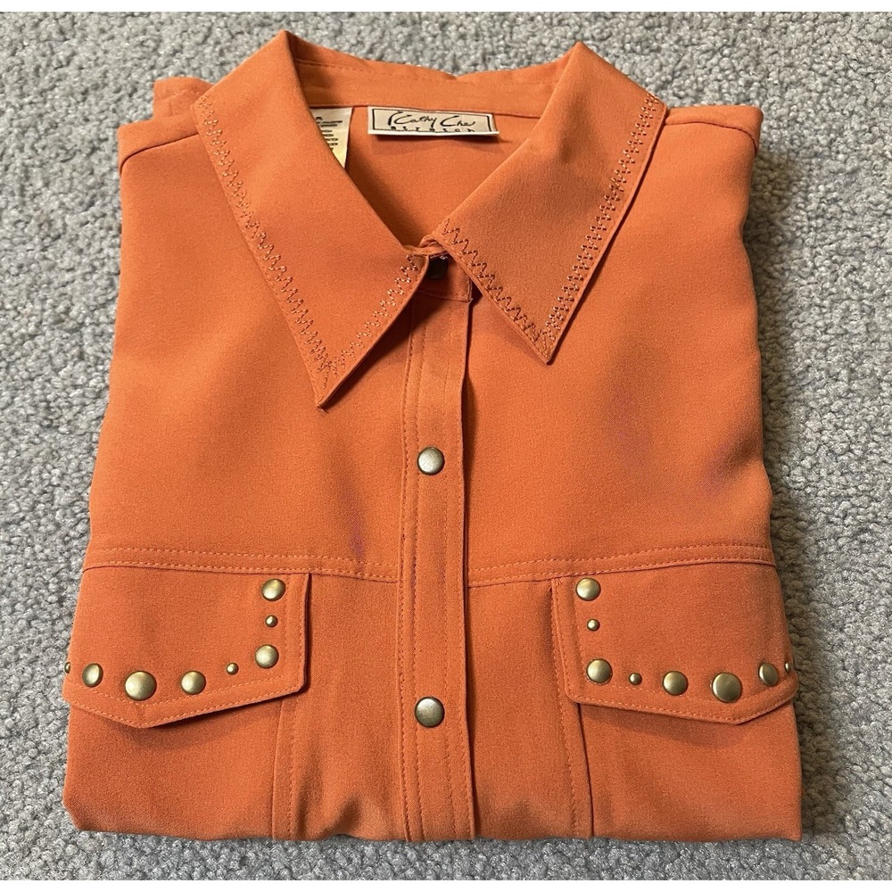 Vtg Kathy Che Button Front Shirt Women's S Studded Orange Pockets Career Casual - Picture 14 of 14